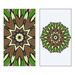 Ethnic Mandala Ornament. Templates invitation card With Mandalas. Floral decoration. Vector illustration/ Green, brown color. Card Design For Banners, Greeting Cards, Gifts Tags.