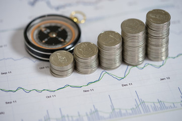 Close up compass and coin stack on income document , finance concept.