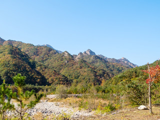 Fototapeta na wymiar dry riverbed and overgrown mountains in Seoraksan