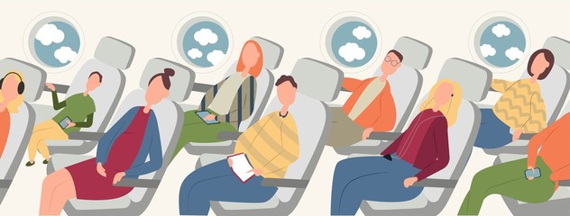 Passengers on airplane board flat vector illustration. Cartoon people traveling abroad by plane. Air public transport. Tourists going on vacation, business trip. Travelers relaxing in aircraft seats
