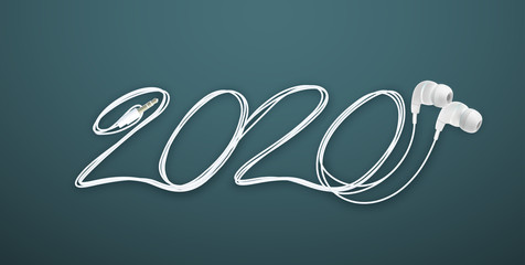 2020 Happy New Year wire logo with stereo mini earphones with cord and 3,5mm plug design. Cover of music diary for 2020 with songs. Brochure design template Isolated on blue background.