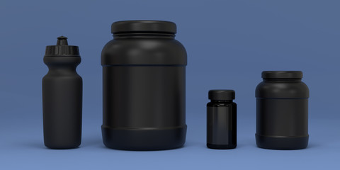 Whey protein container. Sport nutrition bottle. Sport supplements container bottle. Workout supplements in black pot.