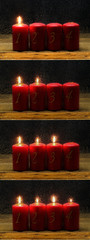 Advent. Advent candles in a row behind wet glass.