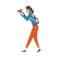 Cheerful Tourist Woman Taking Photography on Vacation Vector Illustration