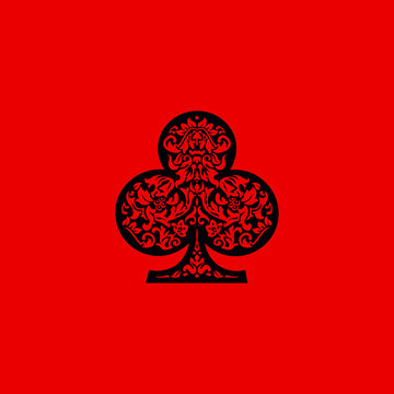 Poker playing card suit clover design shape single icon. Clubs suit deck of playing cards used for ace in Las Vegas royal casino. Single icon pattern isolated on red. Ornament drawing pic for tattoo