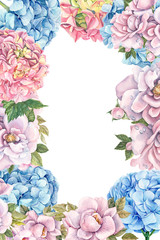 wedding invitation, watercolor flowers, botanical painting, roses and hydrangeas on a white background, greeting card