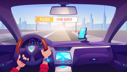 Driver hands on car steering wheel, auto interior with gps on dashboard panel and road view with drive safely banner through windshield, man driving automobile in city. Cartoon vector illustration