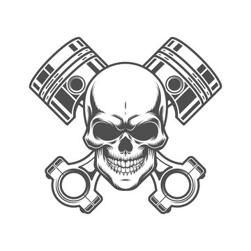 Skull with pistons. Retro logo, emblem, label. Isolated on white background.