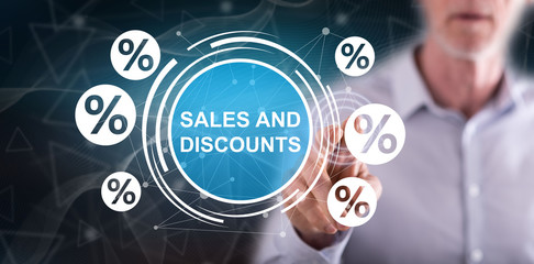 Man touching a sales and discounts concept