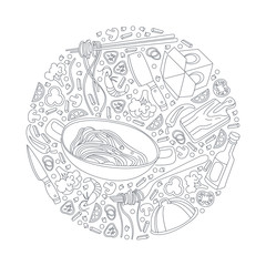 Work Bar Banner Template with Asian Cuisine Design Elements of Round Shape Can Be Used for Menu, Cafe, Restaurant, Bar or Food Festival Hand Drawn Vector Illustration