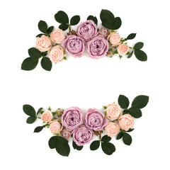Pink roses frame on white background. Flat lay. Frame wreath