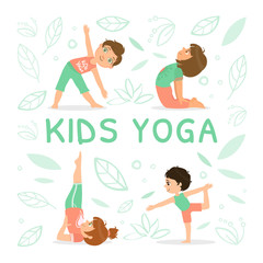 Kids Yoga Banner Template with Children Demonstrating Various Yoga Positions Vector Illustration