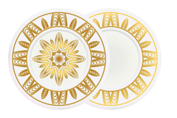 decorative plates for interior design. Empty dish, porcelain plate mock up design. Vector illustration. Decorative plates with Mandala ornament patterns. Home decor background.