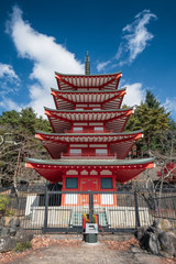 Front of red Chureito pagoda with blue sky in Fujiyoshida