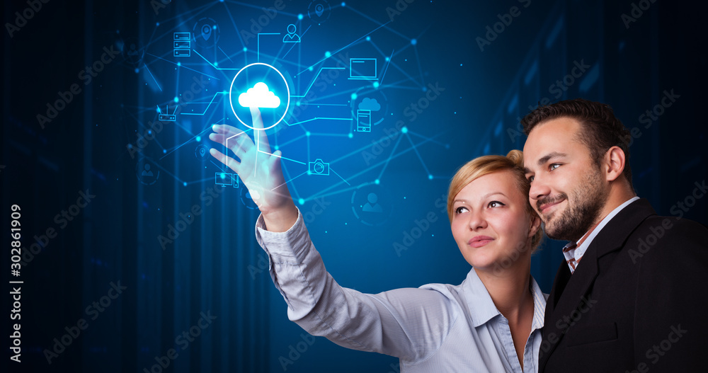 Aufkleber Man and woman touching hologram projection displaying cloud system