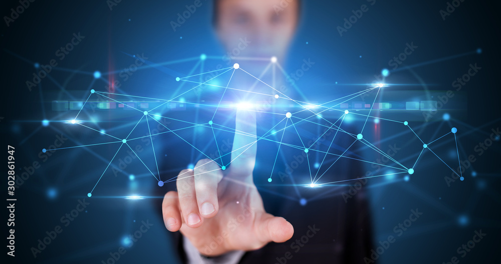 Poster Man touching hologram screen displaying modern web system