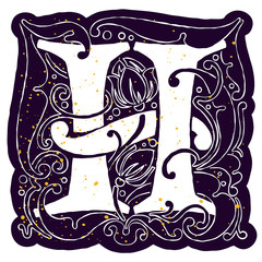 Antique illustration of ornate letter H with grange gold texture.