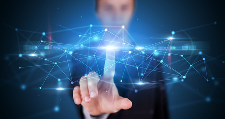 Man touching hologram screen displaying modern web system