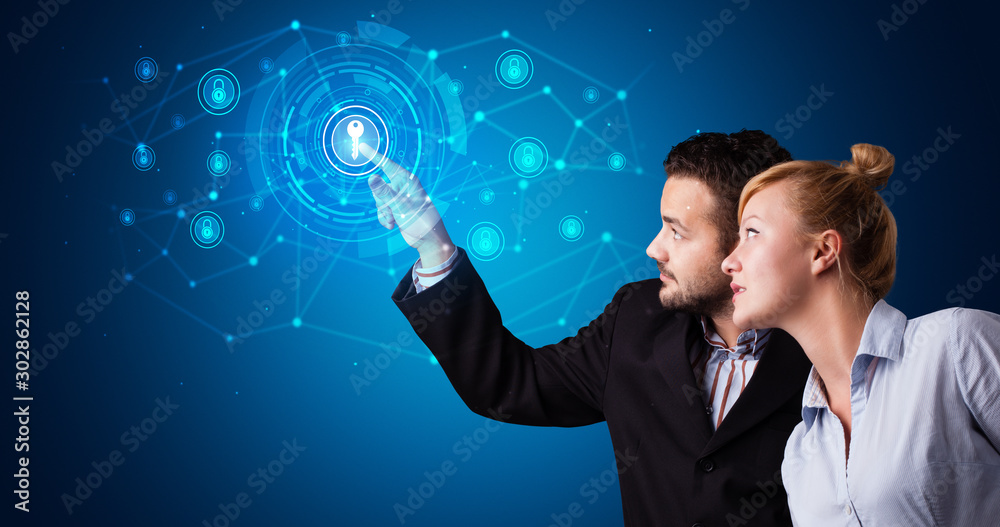 Aufkleber Man touching hologram screen displaying keys and locks