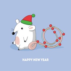 Happy new year greeting card design with symbol of year little mouse or rat sitting