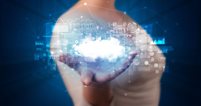 Person holding hologram screen displaying information from cloud based system