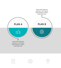 Vector flat infographic template. Line circles with text and icons for two diagrams, graph, flowchart, timeline, marketing, presentation. Business concept with 2 options