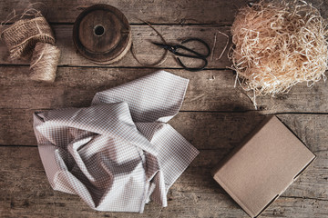 flatlay, materials for eco-friendly and sustainably wrapping a gift