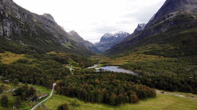 Uprising shot of the green and calm innerdalen on a norwegian summerday