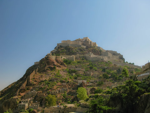 Exterior view to Al-Cahira fortress aka Cairo Castle at Taiz, Yemen