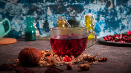 Red Hot Hibiscus tea in a glass mug