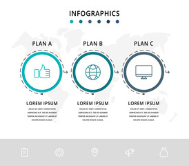 Vector flat line template circle infographics. Business concept with 3 options and arrows. Three steps for content, flowchart, timeline, levels, marketing, presentation, graph, diagrams, slideshow