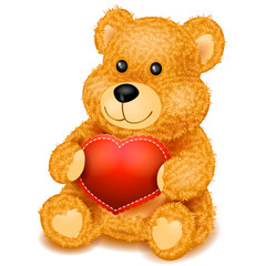 Teddy bear with red heart. Valentine's Day concept. Detailed vector illustration icon isolate on a white background.