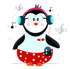 Little cute hand drawn chubby penguin . Penguin with headphones. Vector   illustration. 