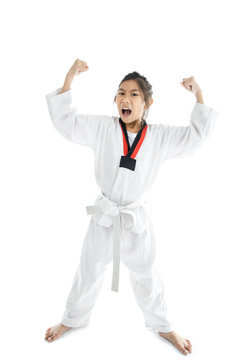 Asian taekwondo girl on with background.