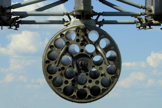 SYZRAN, RUSSIA - SEPTEMBER 13, 2014:Russian military transport helicopter on the side of the gimbal shells