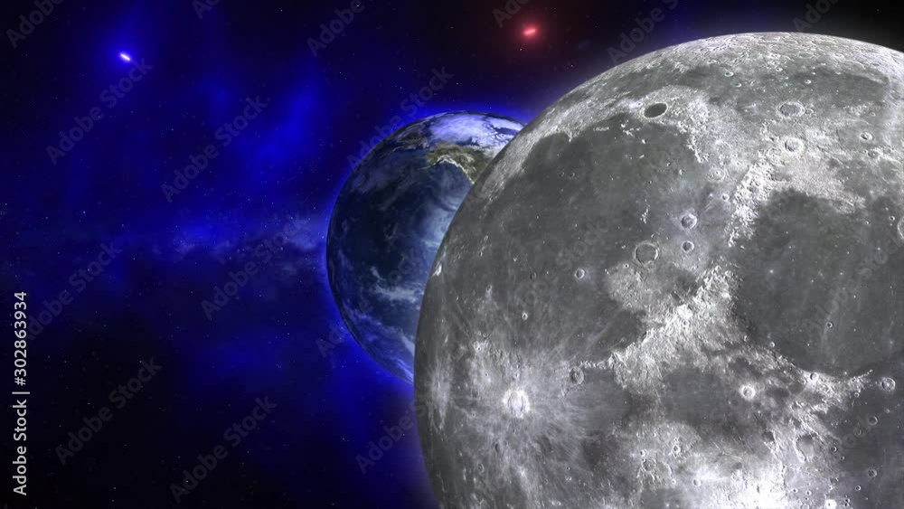 Wall mural blue galaxy with moon and planet earth. moon and planet earth rotating and approach in open space on