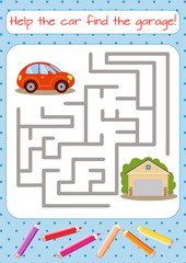 Help the small car find the garage. Educational game for children. Cartoon vector illustration