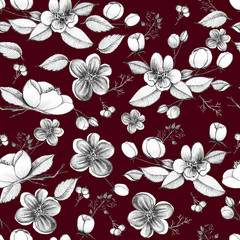 Apple tree flowers pattern on burgundy background