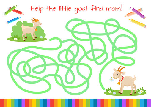 Help the little goat to find his mother. Educational game for children. Cartoon vector illustration. Maze.