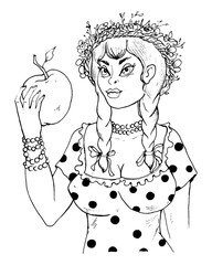 Pretty country girl with braids and wreath on her head holding a big apple in her hand. Vector illustration