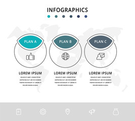 Vector flat infographic template. Line circles with text and icons for three diagrams, graph, flowchart, timeline, marketing, presentation. Business concept with 3 options