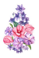 wedding bouquet of summer flowers, bells, rose, magnolia, purple and pink flowers, watercolor painting 