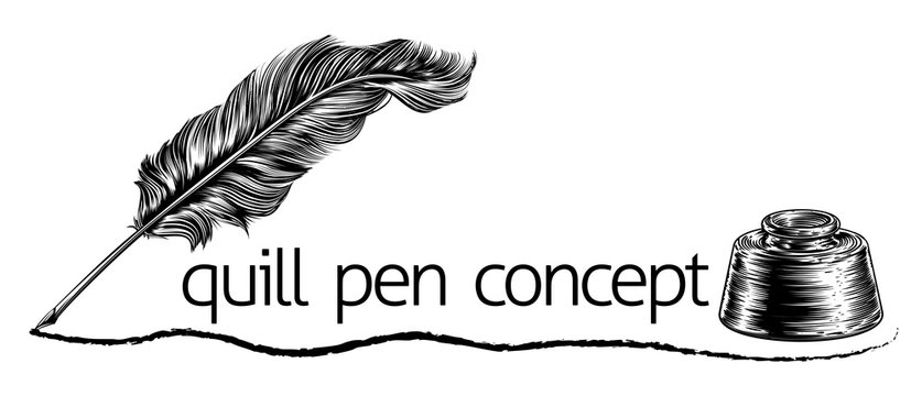 An inkwell and feather quill ink writing pen concept in a vintage retro woodblock or woodcut line art drawing style