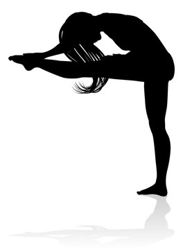 A woman dancer stretching her legs in silhouette graphic