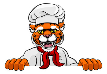 A tiger chef mascot cartoon character peeking over a sign