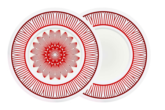 decorative plates for interior design. Empty dish, porcelain plate mock up design. Vector illustration. Decorative plates with stilish ornament patterns. Home decor background.