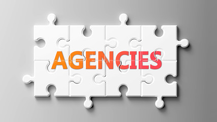 Agencies complex like a puzzle - pictured as word Agencies on a puzzle pieces to show that Agencies can be difficult and needs cooperating pieces that fit together, 3d illustration