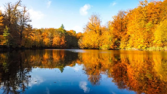 Panorama of beautiful autumn lake at sunny day.  4K, Ultra High Definition, Ultra HD, UHD, 2160P, 3840 x 2160