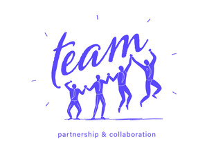 Team emblem, logo with text, happy celebrating office people group silhouettes holding hands together jump and celebrate. Successful team work, partnership, collaboration concept. Vector illustration.