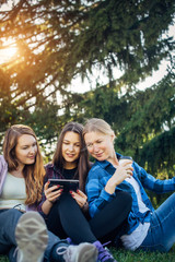 Three cute girls relax and socialize on the lawn in summer park. Young women sit on the green grass among the trees and look into the smartphone. Students in between classes, vertical photo, close up.